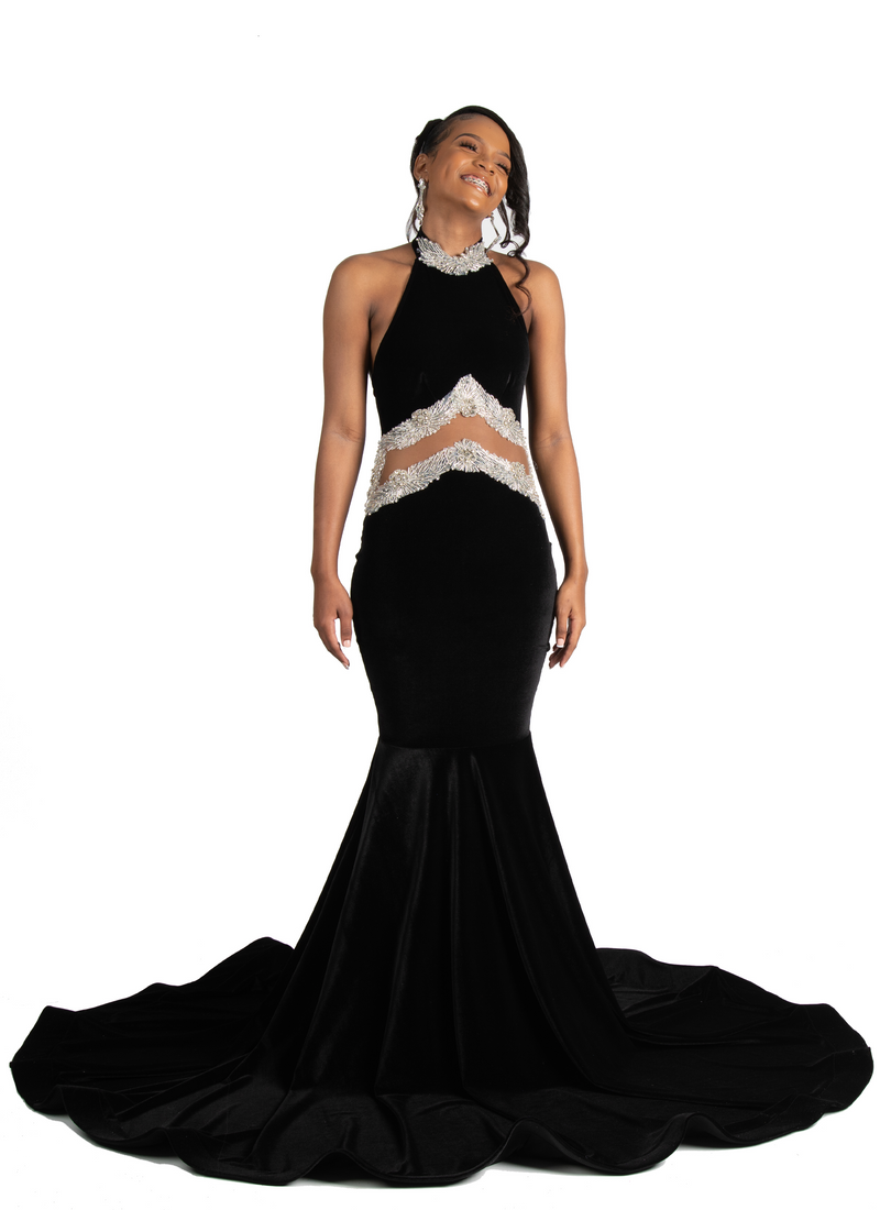 HALTER VELVET DESIGN BOOB STYLE PROM DRESS