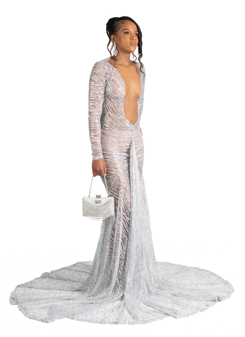glitter silver prom dress