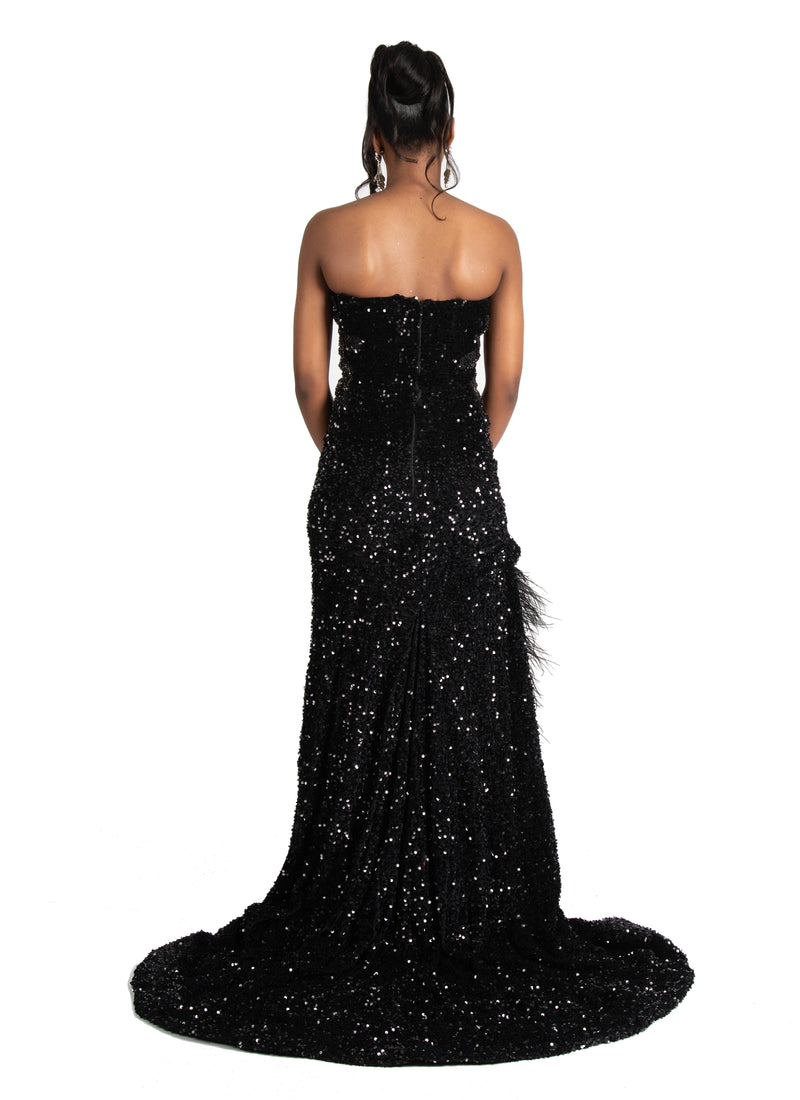 black sweetheart split feather dress