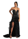 black sweetheart split feather dress